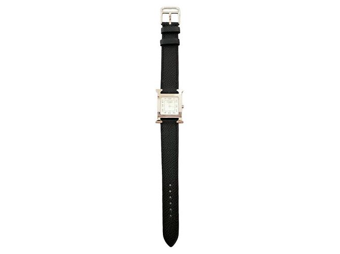 Hermès Heure Uhr Kleines Modell Silberfarbe Epsom Calfskin Armband Schwarz - Ansicht 6