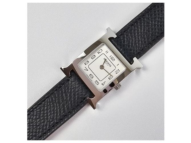 Hermès Heure Uhr Kleines Modell Silberfarbe Epsom Calfskin Armband Schwarz - Ansicht 7