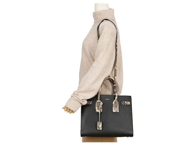 Saint Laurent Small Leather Python Pattern Sac De Jour Tote Shoulder Bag Black - view 12