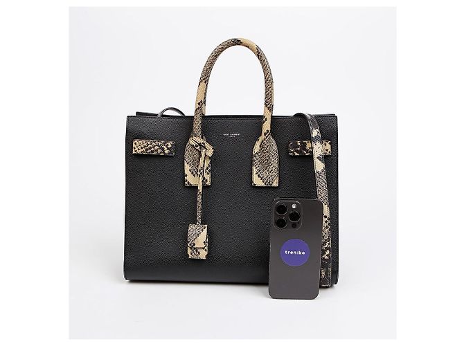 Saint Laurent Small Leather Python Pattern Sac De Jour Tote Shoulder Bag Black - view 9