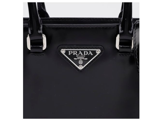 Prada Triangle Logo Small Bürstenleder Tote Bag Schwarz - Ansicht 2