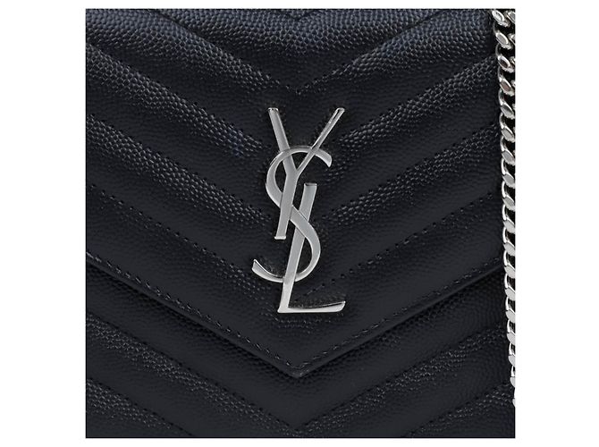 Saint Laurent Carteira com alça de corrente em couro granulado envelope Preto Prata - vista 2