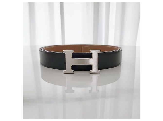 Hermès Buckle Reversible Black Gold Silver Matte Men's Leather Belt - view 6