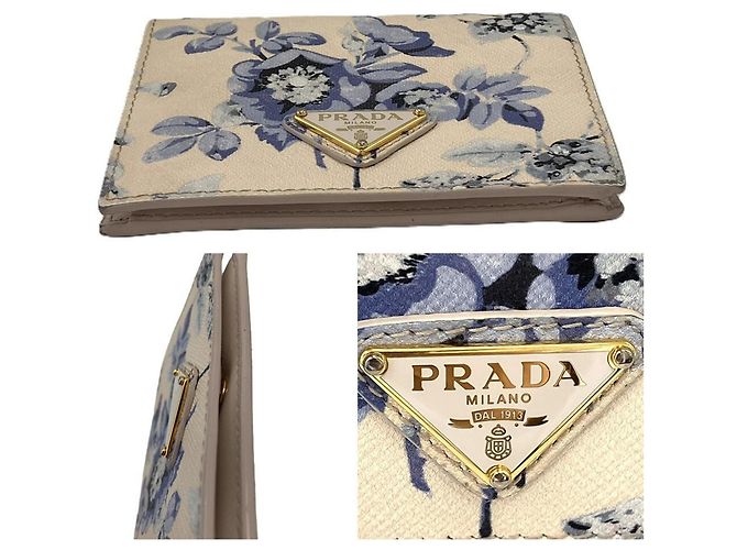 Prada Saffiano Leather Flower Print Triangle Bi-fold Wallet Beige Purple - view 4