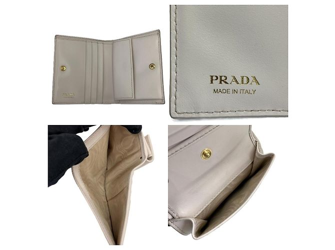 Prada Saffiano Leather Flower Print Triangle Bi-fold Wallet Beige Purple - view 5