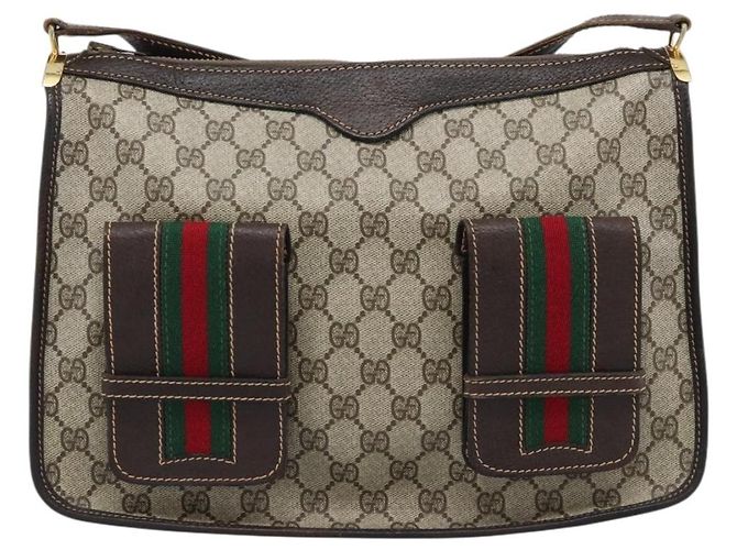 GUCCI GG Supreme Web Sherry Line Shoulder Bag PVC Beige Gold Auth 192186A Golden - view 13