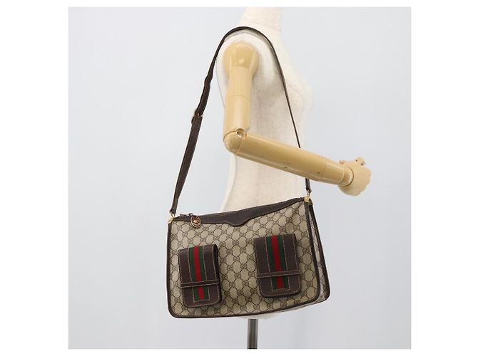 GUCCI GG Supreme Web Sherry Line Shoulder Bag PVC Beige Gold Auth 192186A Golden - view 22