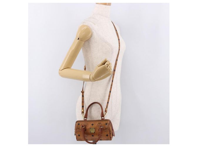 Borsa Mini Boston MCM Logogram Vicetos in PVC e pelle 2way Marrone Oro Auth 192038 D'oro - vista 22