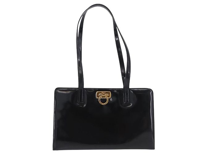 Bolsa Tote Salvatore Ferragamo Gancini em couro envernizado preto e dourado Auth ka5291A - vista 13