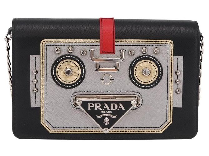 Borsa a tracolla PRADA Robot Chain Saffiano Nero Argento Auth SW2638SM - vista 13