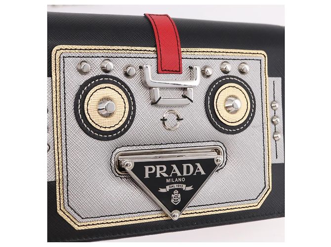 Borsa a tracolla PRADA Robot Chain Saffiano Nero Argento Auth SW2638SM - vista 19