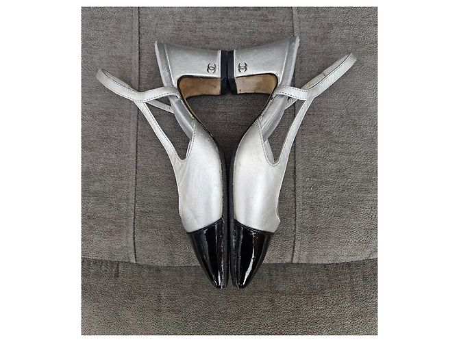Timeless Sandalias slingback de punta cuadrada en cuero negro/plata Chanel Talla 36 - vista 5