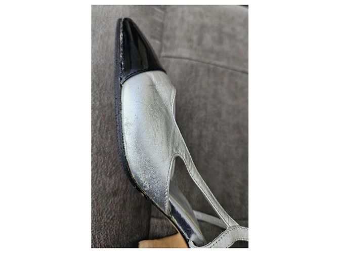 Timeless Sandalias slingback de punta cuadrada en cuero negro/plata Chanel Talla 36 - vista 13