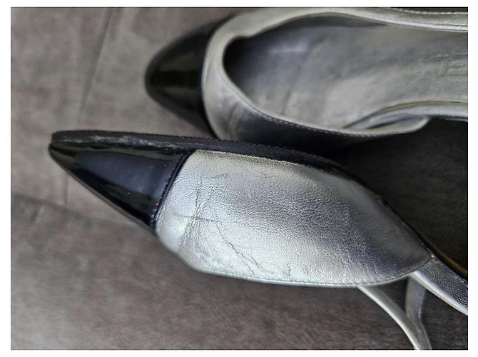 Timeless Sandalias slingback de punta cuadrada en cuero negro/plata Chanel Talla 36 - vista 17