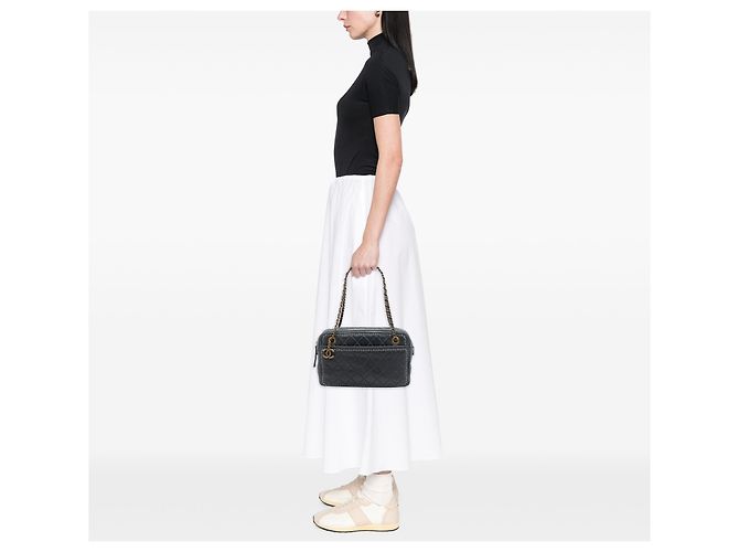 Chanel Black CC gesteppte irisierende Kalbsleder Whipstitch Camera Bag Schwarz - Ansicht 6