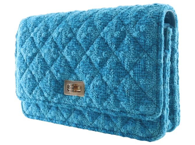 Wallet On Chain Portafoglio con catena Chanel Blue Quilted Tweed Reissue 2.55 - vista 3