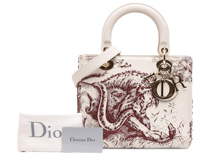 Lady Dior in pelle di vitello liscia bianca con ricami e perline Toile de Jouy, misura Medium Bianco - vista 7
