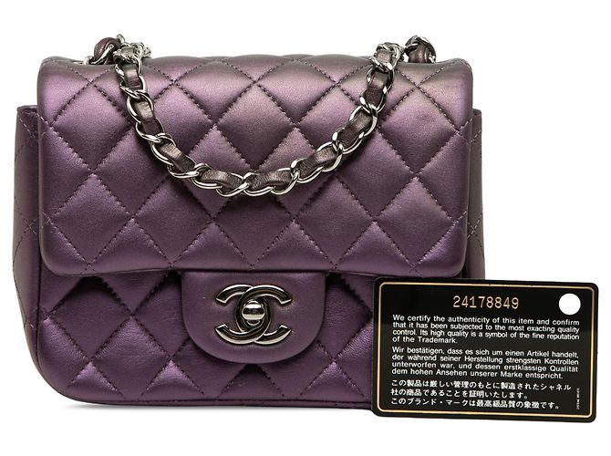 Chanel Mini Square Classic Lambskin Iridescente Single Flap Viola Porpora - vista 7