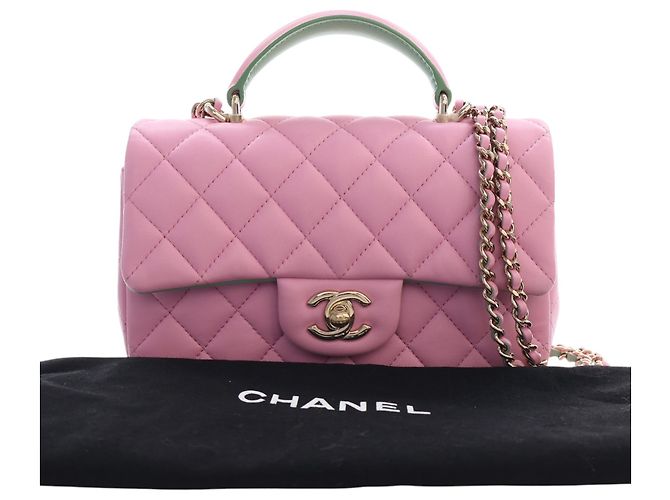 Chanel Mini Rectangular Bicolor Quilted Lambskin Top Handle Flap Rose - vue 15