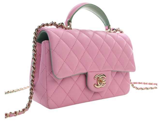 Chanel Mini Rectangular Bicolor Quilted Lambskin Top Handle Flap Rose - vue 2