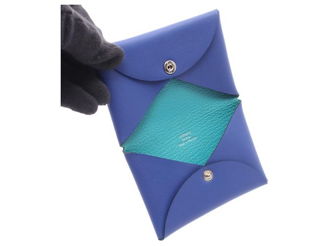 Hermès Hermes Calvi Verso monedero de piel de becerro y cabra Azul - vista 3