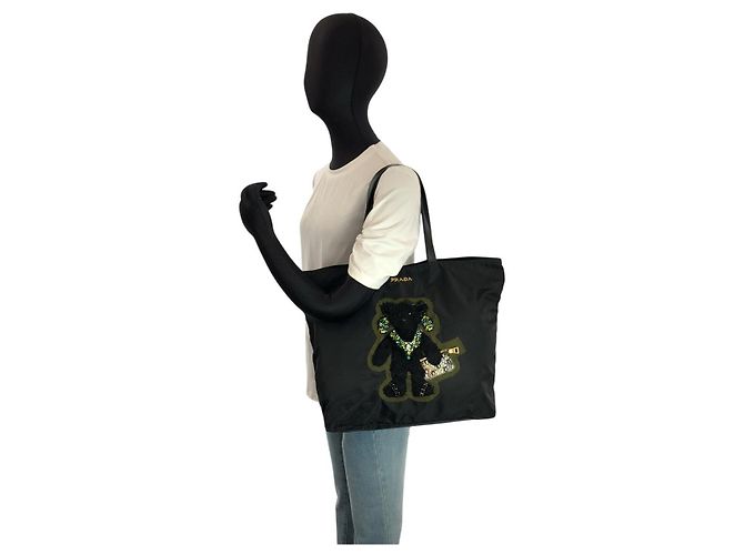 Borsa tote 2way in nylon Tessuto Teddy Bear e pelle Prada Nero - vista 6