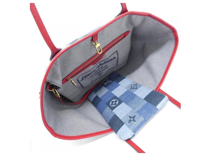 Borsa Louis Vuitton Denim Monogram Neverfull MM Rosso Blu - vista 7
