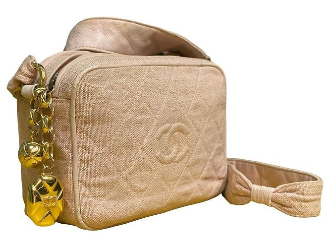 Chanel Borsa a Tracolla Camera in Lino Rosa Cipria - vista 3