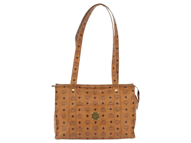 Bolsa Tote MCM Vicetos Logogram em PVC e couro marrom com detalhes dourados Auth BA14482A - vista 13