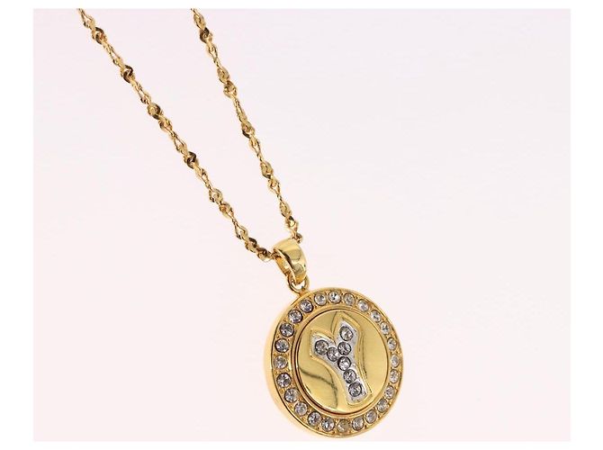Collana SAINT LAURENT Initials Cointop Metal Gold Tone Auth SW2536 - vista 3