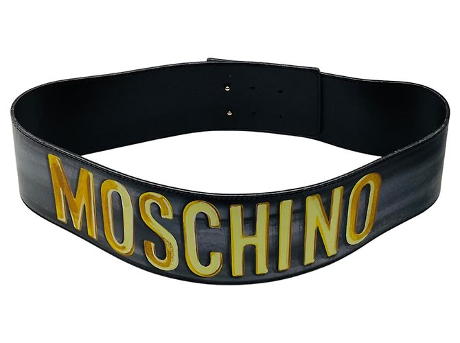 Breiter Moschino Gürtel aus lackiertem Echtleder mit grafischem Logo Schwarz / Gold - Ansicht 2