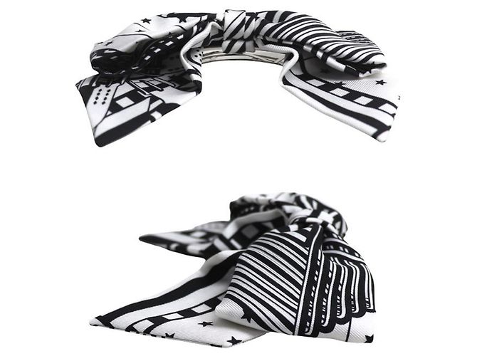 Hermès Barrette in seta HERMES Grenelle PM Accessorio per capelli Nero Bianco - vista 4