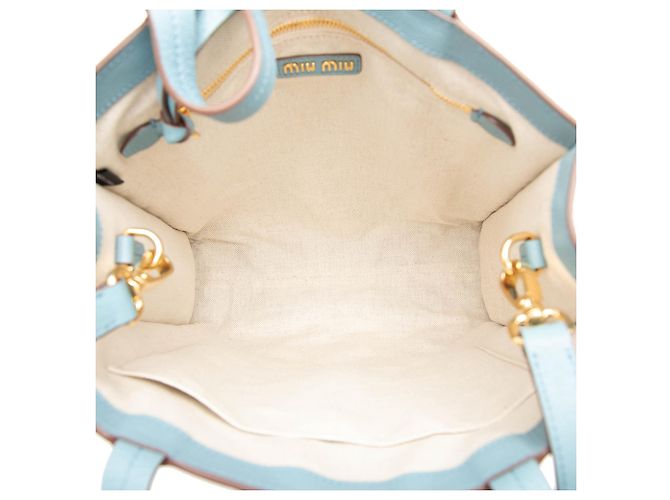 Borsa satchel Miu Miu in pelle di capra blu con logo Madras in rilievo - vista 4