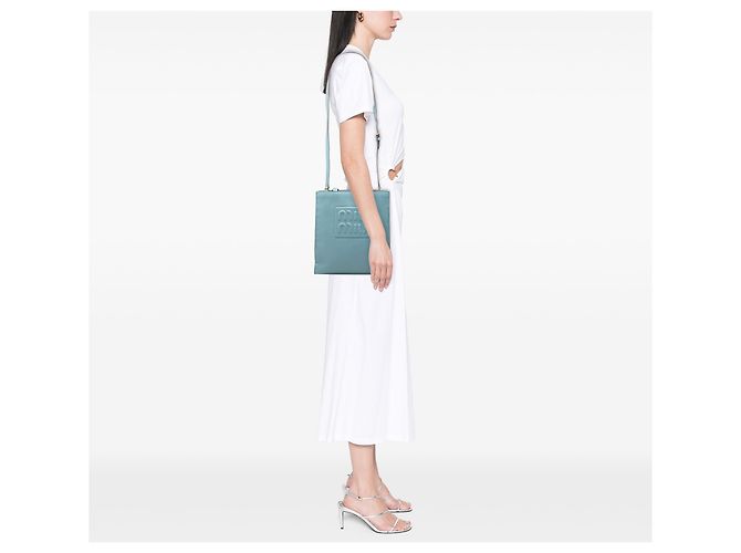 Borsa satchel Miu Miu in pelle di capra blu con logo Madras in rilievo - vista 6