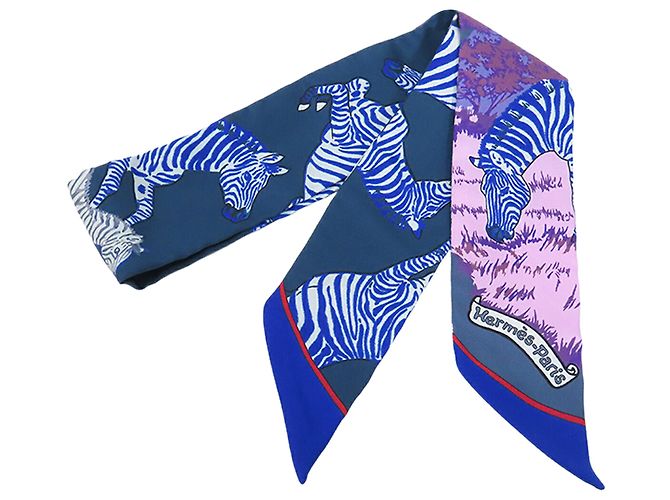 Foulard Twilly in seta blu Les Zebres Hermès - vista 2
