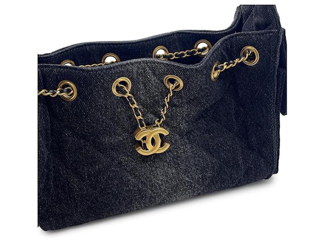 Borsa a Spalla Chanel Black Denim Chain Nero - vista 7