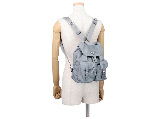 Piccola borsa Prada in nylon grigio e pelle Saffiano Marrone - vista 4