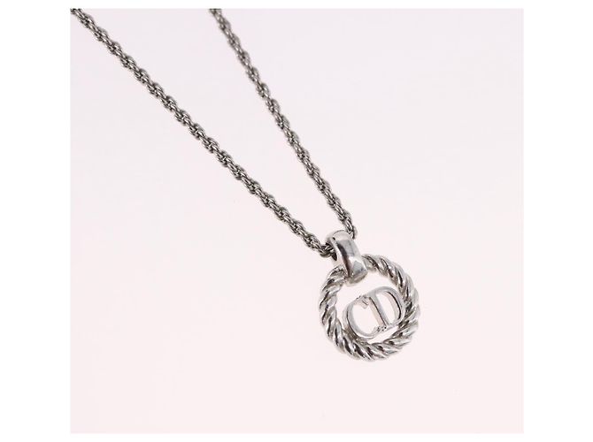 Collana Christian Dior con logo a cerchio di corda in metallo argento Auth SW2521 - view 3