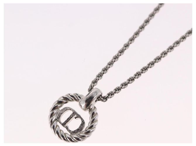 Collana Christian Dior con logo a cerchio di corda in metallo argento Auth SW2521 - view 9