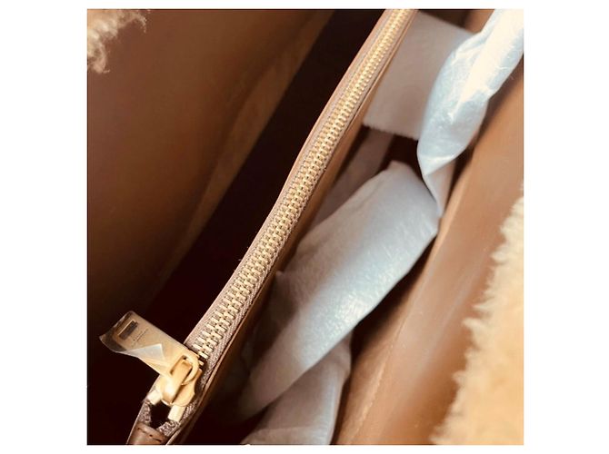 Saint Laurent De Jour Borsa Tote in Pelle e Shearling Marrone - vista 10