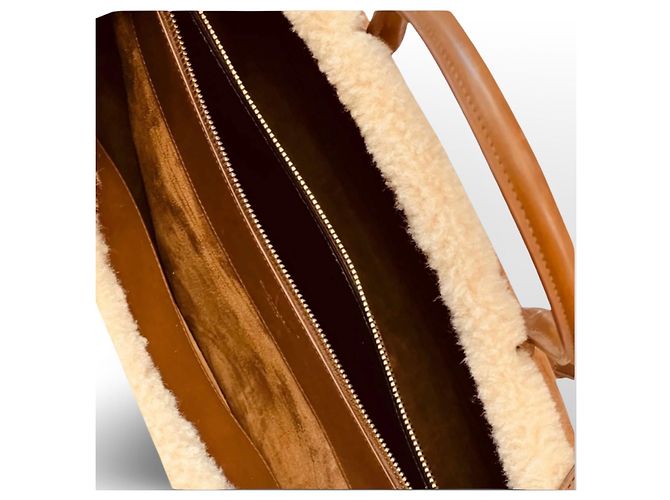 Saint Laurent De Jour Borsa Tote in Pelle e Shearling Marrone - vista 11