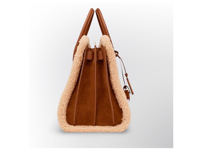Saint Laurent De Jour Borsa Tote in Pelle e Shearling Marrone - vista 12