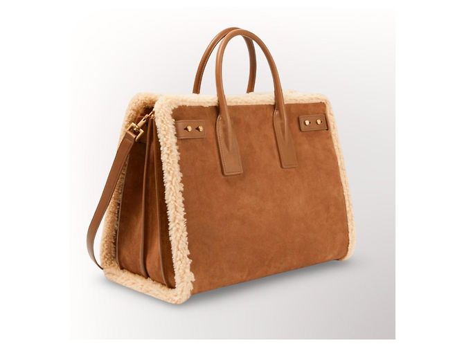 Saint Laurent De Jour Borsa Tote in Pelle e Shearling Marrone - vista 13