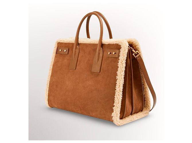 Saint Laurent De Jour Borsa Tote in Pelle e Shearling Marrone - vista 14