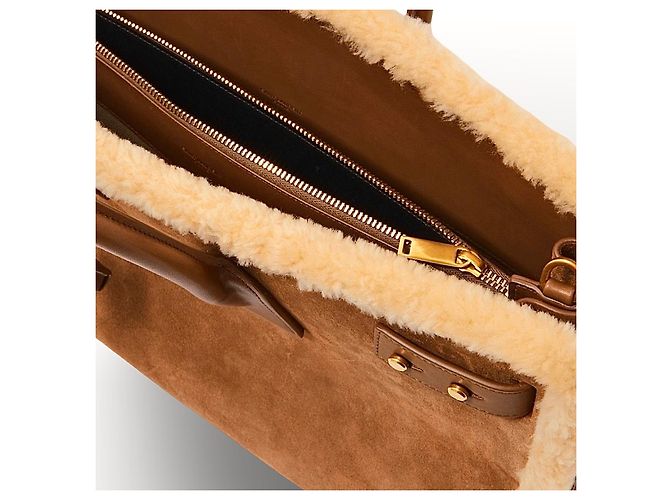 Saint Laurent De Jour Borsa Tote in Pelle e Shearling Marrone - vista 16
