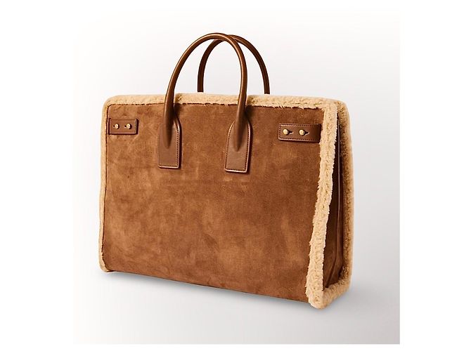 Saint Laurent De Jour Borsa Tote in Pelle e Shearling Marrone - vista 17
