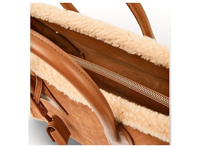 Saint Laurent De Jour Borsa Tote in Pelle e Shearling Marrone - vista 18