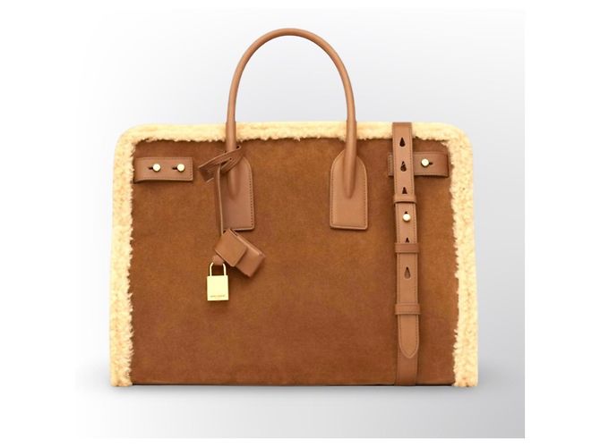 Saint Laurent De Jour Borsa Tote in Pelle e Shearling Marrone - vista 19