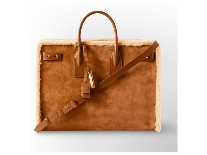 Saint Laurent De Jour Borsa Tote in Pelle e Shearling Marrone - vista 2