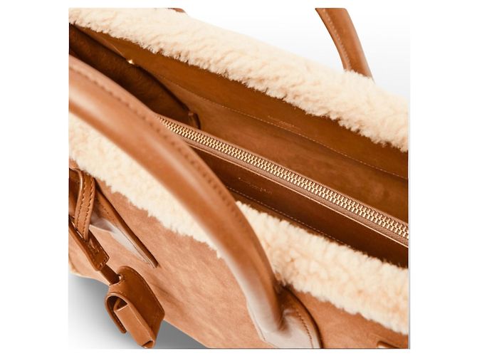 Saint Laurent De Jour Borsa Tote in Pelle e Shearling Marrone - vista 20